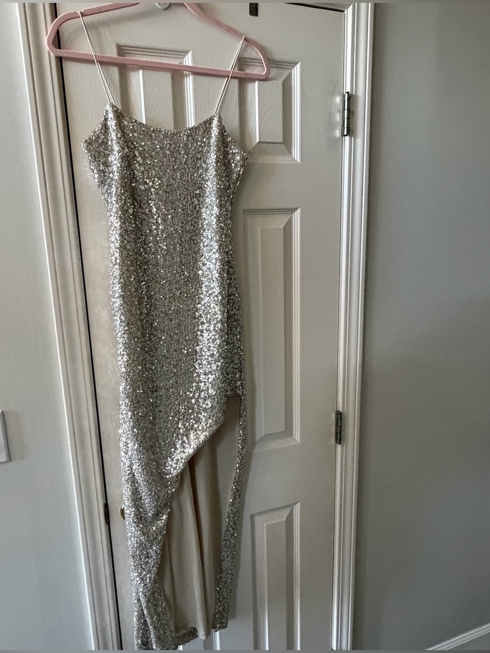 Thirty/Thirty L.A. Silver Sequin Asymmetric High-Low Gown M